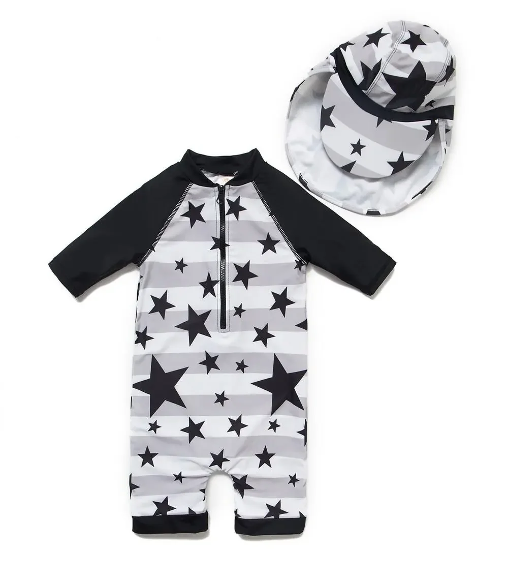 Unbranded Baby Boys Stars Stripe One-Piece Swim Bathing Suit & Hat